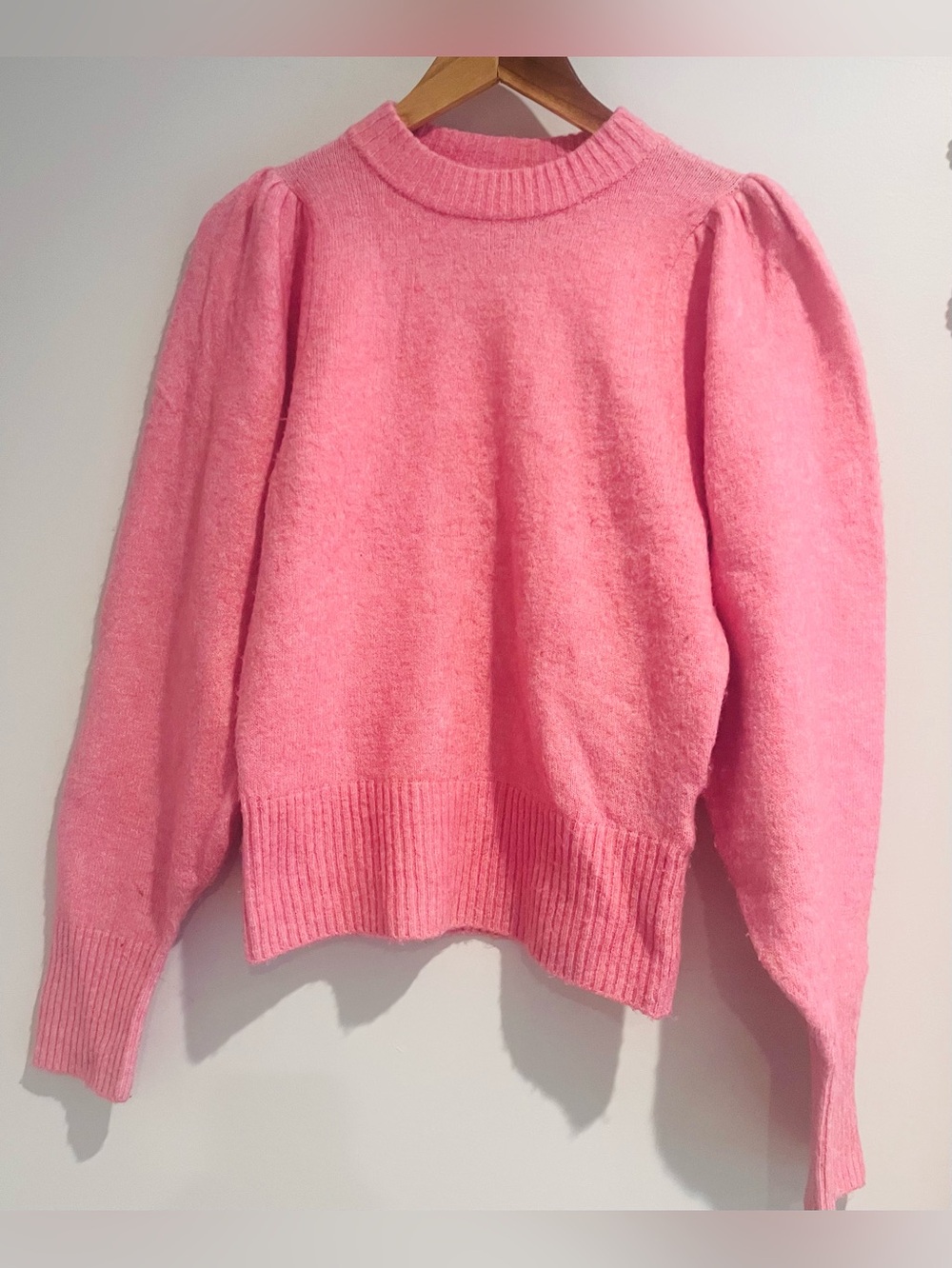 H&M Pink Puffy Sleeve Sweater XS Wool Blend Crew Neck